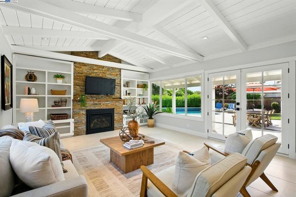Fireplace, Interior, Living room, Recessed Lighting, Stone Walls