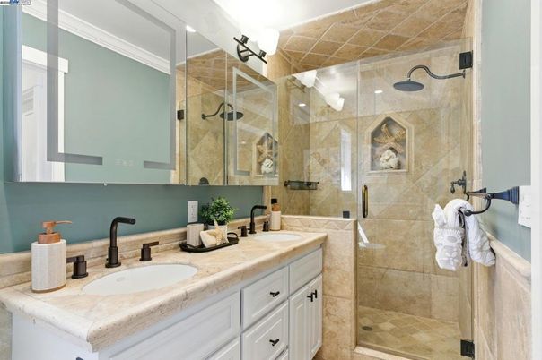 Bathroom, Dual Sink Vanities, Glass Shower, Interior, Recessed Lighting, Tile Countertops