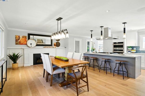 Dining room, Fireplace, Interior, Kitchen, Pendant Lights, Recessed Lighting, Wood Texture Flooring