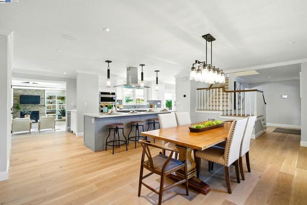 Dining room, Interior, Kitchen, Pendant Lights, Recessed Lighting, Wood Texture Flooring