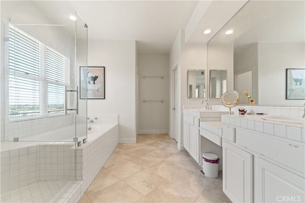 Bathroom, Dual Sink Vanities, Glass Shower, Interior, Recessed Lighting, Tile Countertops