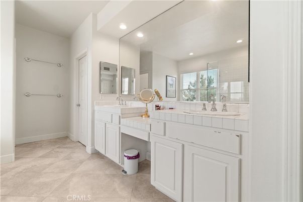 Bathroom, Dual Sink Vanities, Interior, Recessed Lighting, Tile Countertops