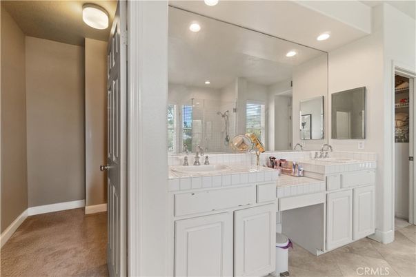 Bathroom, Dual Sink Vanities, Interior, Recessed Lighting, Tile Countertops