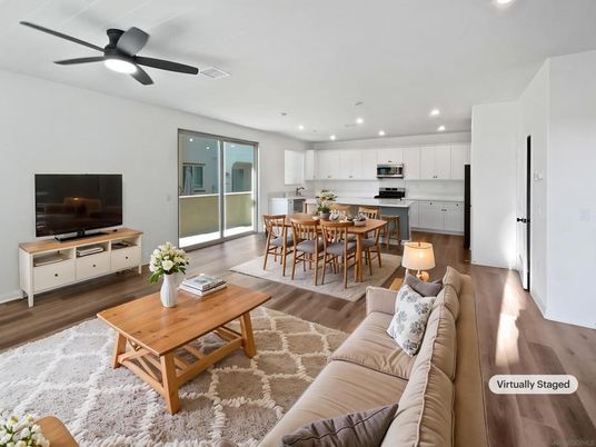 Dining room, Interior, Kitchen, Living room, Recessed Lighting, Stainless Steel Appliances, Wood Texture Flooring
