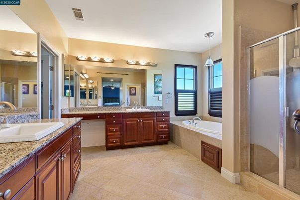 Bathroom, Dual Sink Vanities, Glass Shower, Interior, Pendant Lights