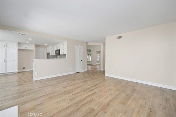 Empty room, Interior, Kitchen, Recessed Lighting, Wood Texture Flooring