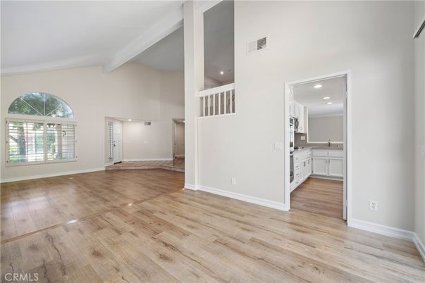 Empty room, Interior, Kitchen, Recessed Lighting, Wood Texture Flooring