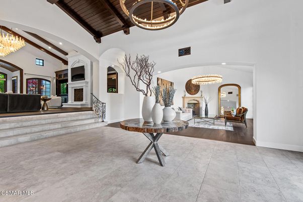 Chandelier, Fireplace, Interior, Recessed Lighting, Wooden Beams, Wooden Ceilings, Wood Texture Flooring