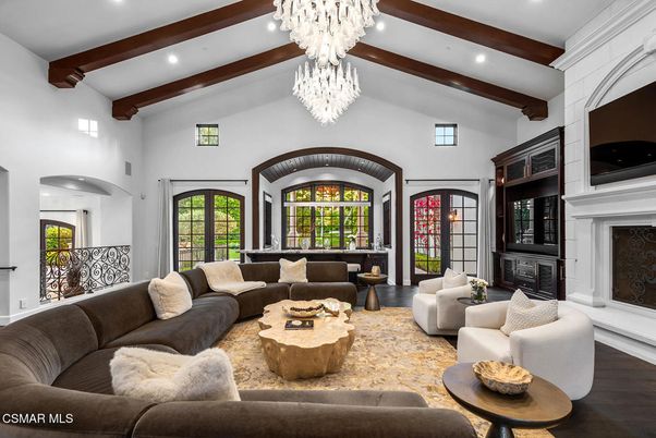 Chandelier, Fireplace, Interior, Living room, Recessed Lighting, Wooden Beams, Wood Texture Flooring