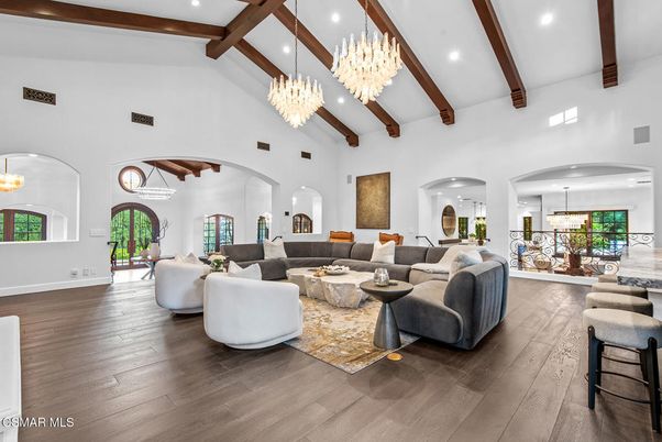 Chandelier, Interior, Living room, Pendant Lights, Recessed Lighting, Wooden Beams, Wood Texture Flooring