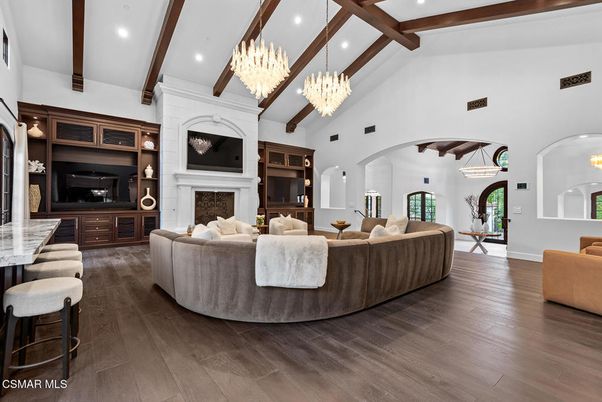 Chandelier, Fireplace, Interior, Living room, Recessed Lighting, Wooden Beams, Wood Texture Flooring