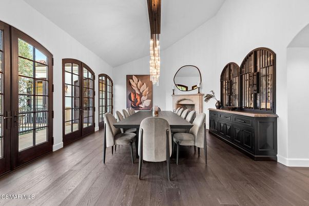 Chandelier, Dining room, Fireplace, Interior, Pendant Lights, Wooden Beams, Wood Texture Flooring