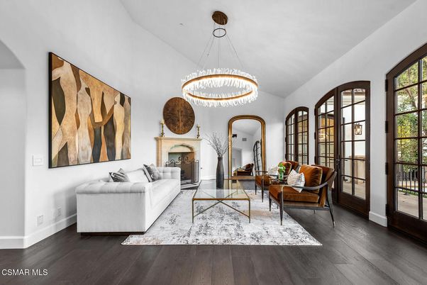 Fireplace, Interior, Living room, Pendant Lights, Wood Texture Flooring
