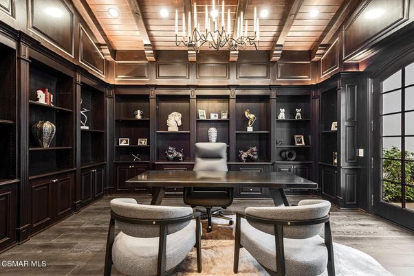 Chandelier, Home Office, Interior, Recessed Lighting, Wooden Beams, Wooden Ceilings, Wood Texture Flooring, Wooden Walls