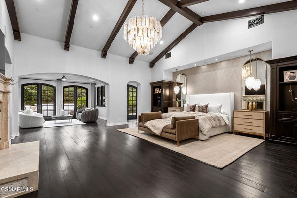 Bedroom, Chandelier, Interior, Recessed Lighting, Wooden Beams, Wood Texture Flooring