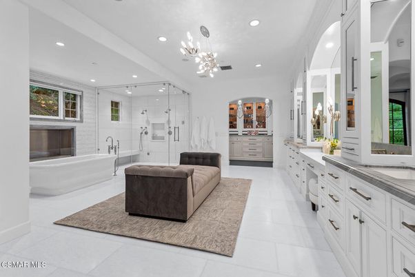 Bathroom, Dual Sink Vanities, Glass Shower, Interior, Pendant Lights, Recessed Lighting