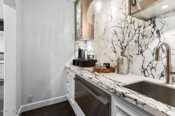 Interior, Kitchen, Marble Walls, Recessed Lighting, Wood Texture Flooring