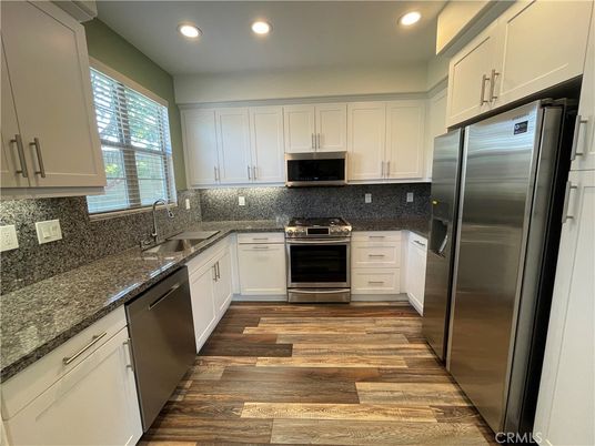 Interior, Kitchen, Recessed Lighting, Stainless Steel Appliances, Wood Texture Flooring