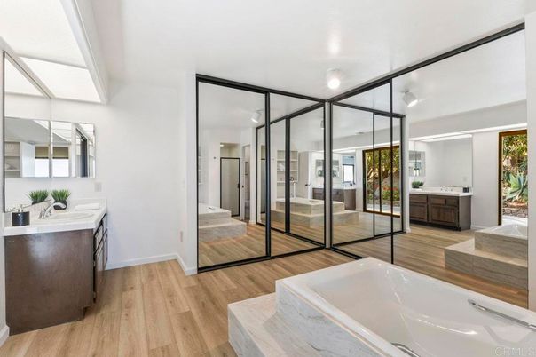 Bathroom, Dual Sink Vanities, Glass Shower, Interior, Wood Texture Flooring