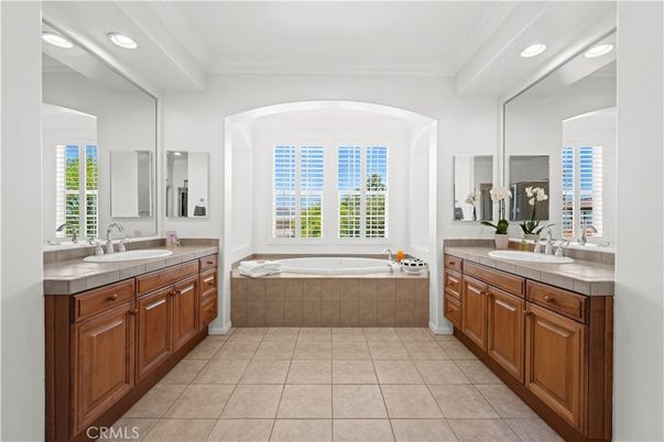 Bathroom, Dual Sink Vanities, Interior, Recessed Lighting, Tile Countertops