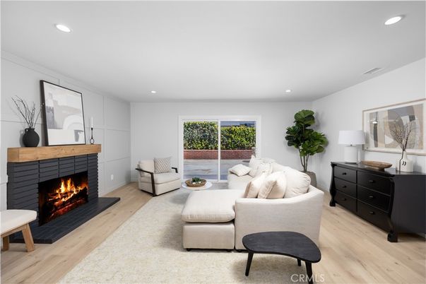 Fireplace, Interior, Living room, Recessed Lighting, Wood Texture Flooring
