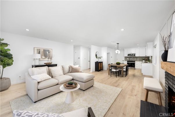 Dining room, Fireplace, Interior, Kitchen, Living room, Pendant Lights, Recessed Lighting, Wood Texture Flooring