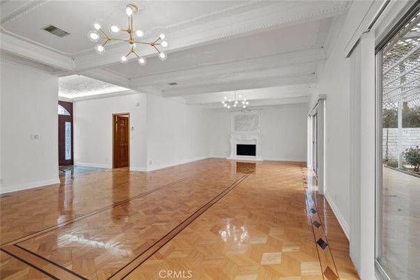 Empty room, Fireplace, Interior, Pendant Lights, Wood Texture Flooring