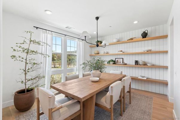Dining room, Interior, Pendant Lights, Recessed Lighting, Wood Texture Flooring