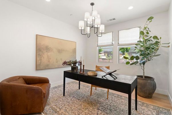 Chandelier, Home Office, Interior, Recessed Lighting, Wood Texture Flooring