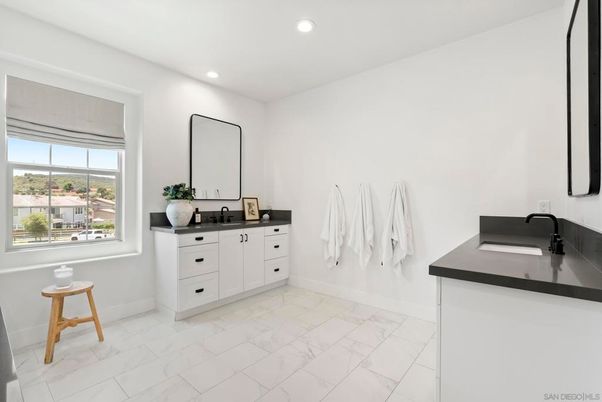 Bathroom, Dual Sink Vanities, Interior, Marble, Recessed Lighting