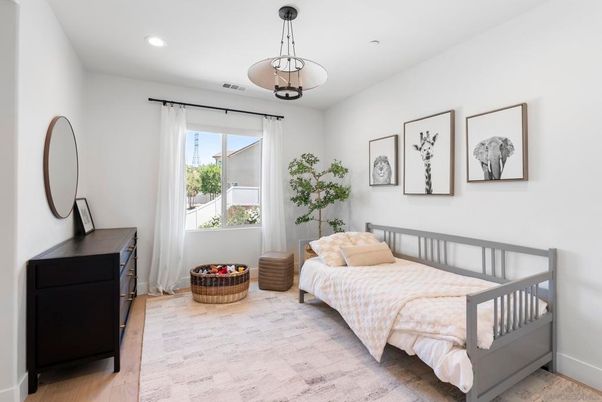 Bedroom, Interior, Pendant Lights, Recessed Lighting, Wood Texture Flooring