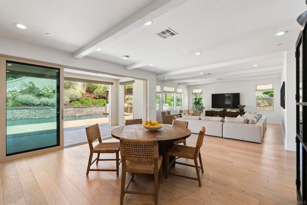 Dining room, Interior, Living room, Recessed Lighting, Wood Texture Flooring