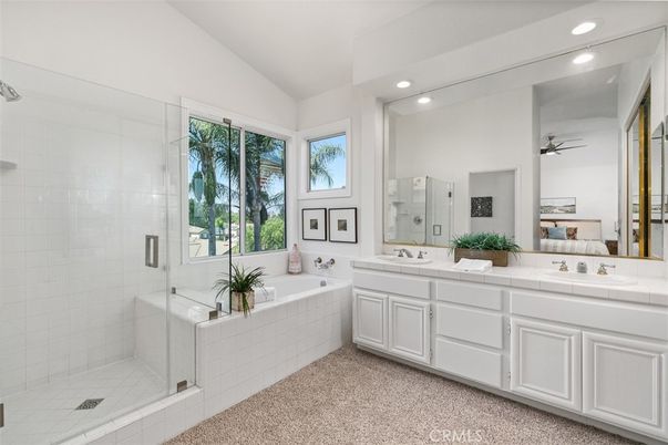 Bathroom, Dual Sink Vanities, Glass Shower, Interior, Recessed Lighting, Tile Countertops