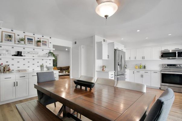 Dining room, Interior, Kitchen, Recessed Lighting, Stainless Steel Appliances, Wood Texture Flooring