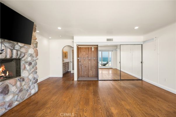 Empty room, Fireplace, Interior, Recessed Lighting, Wood Texture Flooring