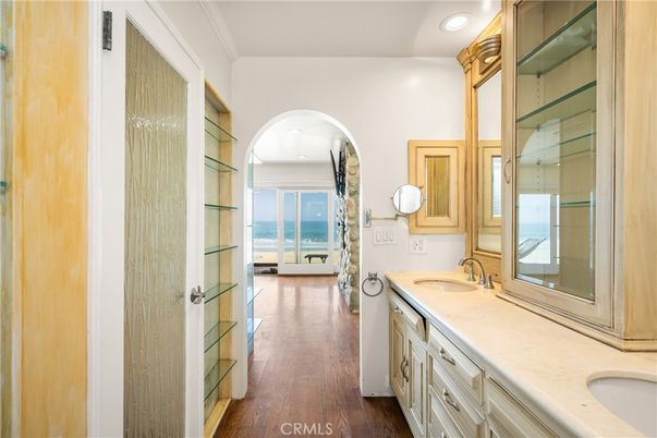 Bathroom, Dual Sink Vanities, Interior, Recessed Lighting, Water, Wood Texture Flooring