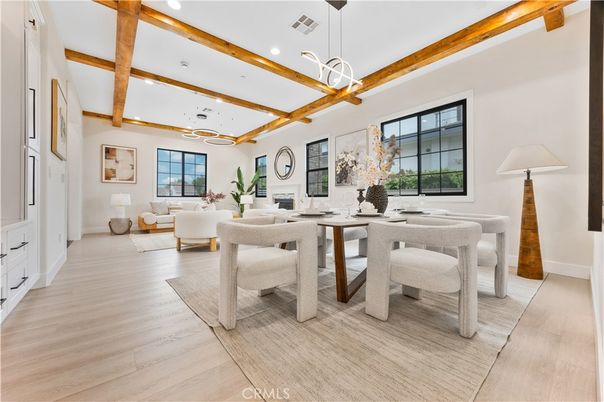 Dining room, Interior, Living room, Pendant Lights, Recessed Lighting, Wooden Beams, Wood Texture Flooring