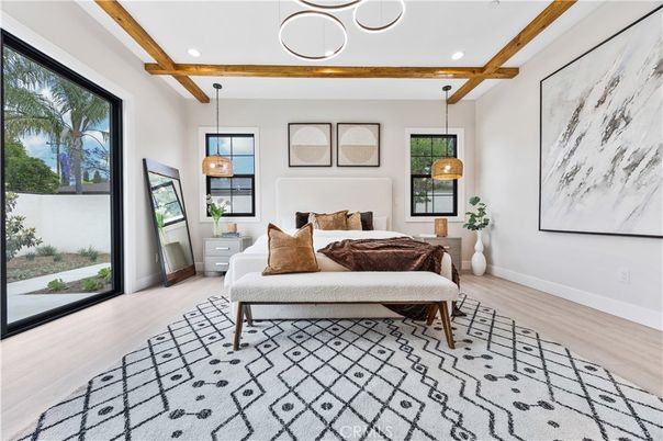 Bedroom, Interior, Pendant Lights, Recessed Lighting, Wooden Beams, Wood Texture Flooring