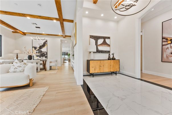 Dining room, Interior, Living room, Pendant Lights, Recessed Lighting, Wooden Beams, Wood Texture Flooring