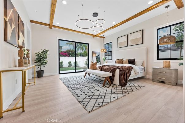 Bedroom, Interior, Pendant Lights, Recessed Lighting, Wooden Beams, Wood Texture Flooring