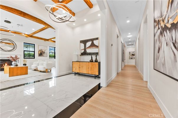 Fireplace, Interior, Marble, Pendant Lights, Recessed Lighting, Wooden Beams