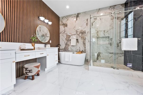 Bathroom, Free Standing Baths, Glass Shower, Interior, Marble, Marble Walls, Recessed Lighting