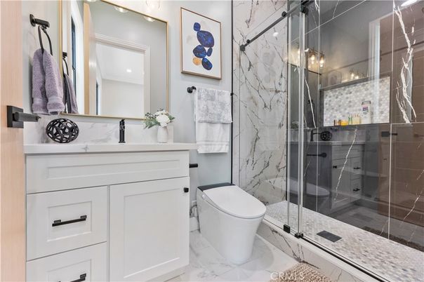 Bathroom, Glass Shower, Interior, Marble, Marble Walls, Recessed Lighting