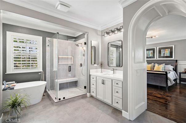 Bathroom, Bedroom, Dual Sink Vanities, Free Standing Baths, Glass Shower, Interior, Wood Texture Flooring