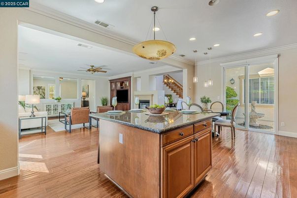 Dining room, Fireplace, Interior, Pendant Lights, Wood Texture Flooring