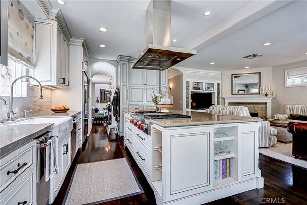 Fireplace, Interior, Kitchen, Living room, Recessed Lighting, Stainless Steel Appliances, Wood Texture Flooring