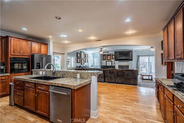 Fireplace, Interior, Kitchen, Living room, Recessed Lighting, Wood Texture Flooring