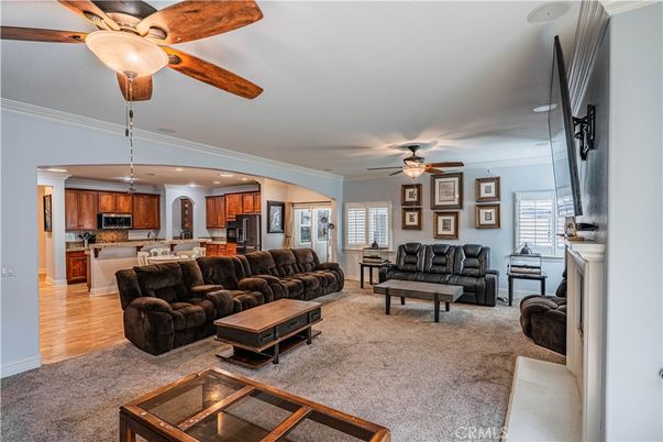 Fireplace, Interior, Kitchen, Living room, Recessed Lighting, Wood Texture Flooring