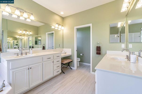 Bathroom, Dual Sink Vanities, Interior, Recessed Lighting, Wood Texture Flooring