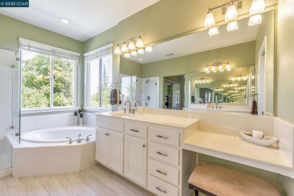 Bathroom, Dual Sink Vanities, Interior, Recessed Lighting, Wood Texture Flooring